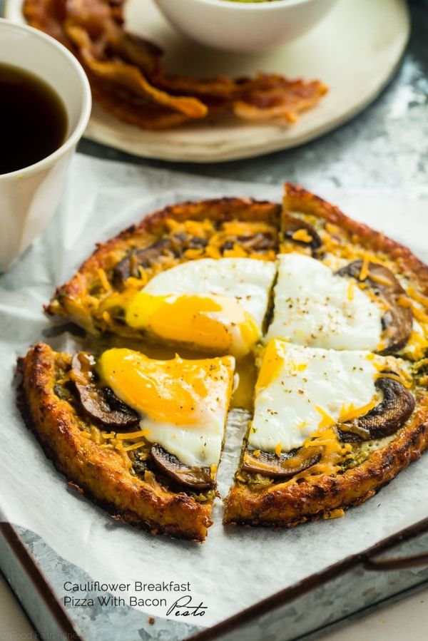 Breakfast Cauliflower Pizza with Eggs and Leek Bacon Pesto (Gluten Free/Grain Free + High protein + Low Carb]