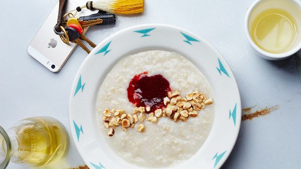 Brown Rice Porridge with Hazelnuts and Jam