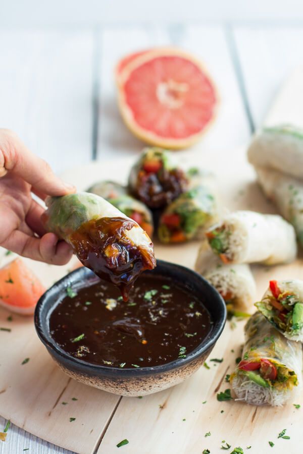 Brussels Sprout + Avocado Winter Rolls with Grapefruit Hoisin Dipping Sauce