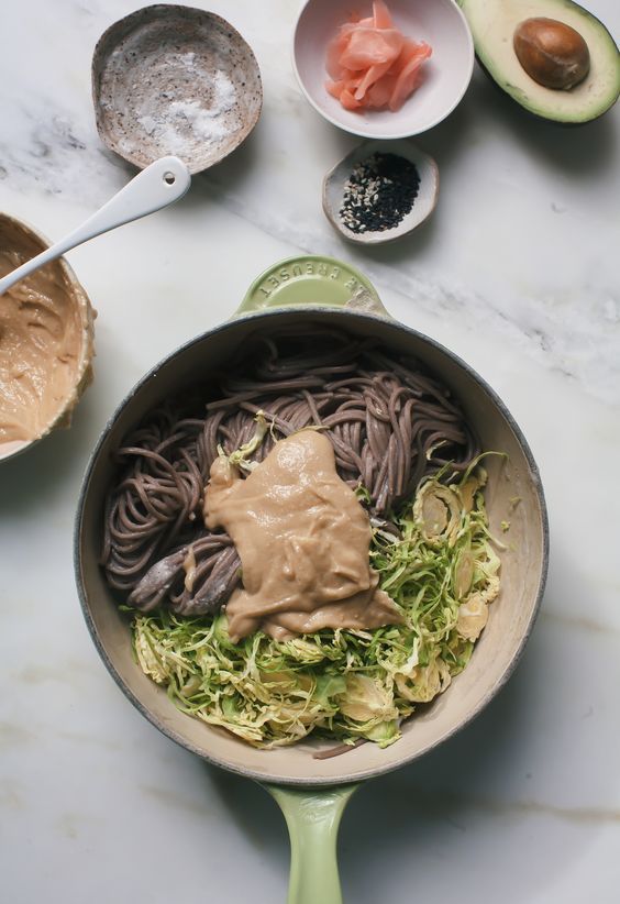 Brussels Sprouts Soba Noodle Salad with Miso-Tahini Dressing