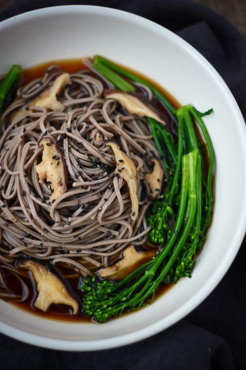 Buckwheat soba noodles with broccolini and shitakes