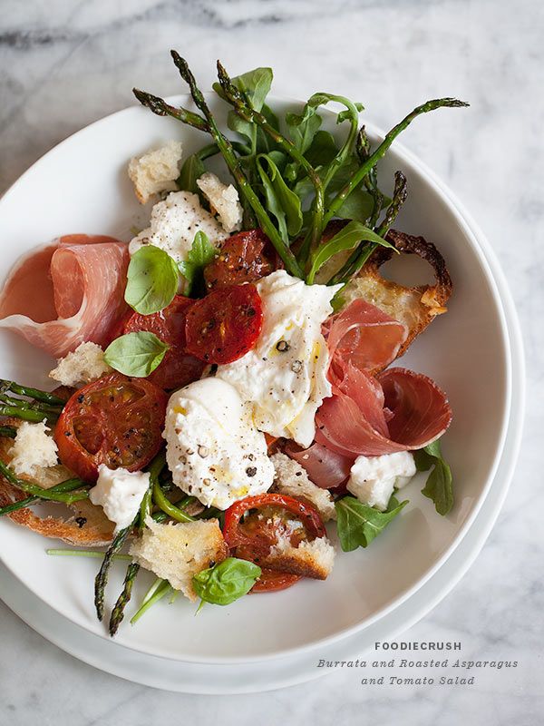 Burrata and Roasted Asparagus and Tomato Salad