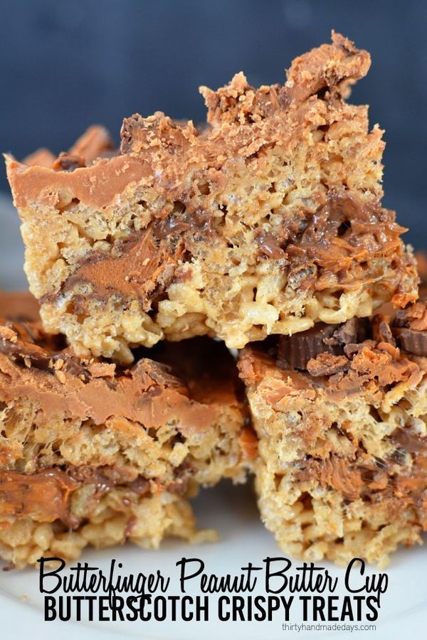 Butterfinger Peanut Butter Cup Butterscotch Crispy Treats