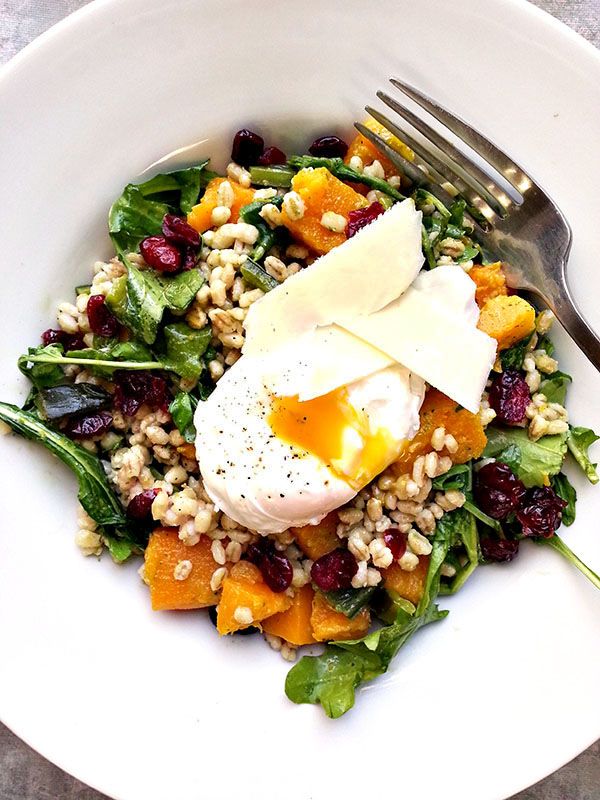 Butternut squash and barley salad with poached egg