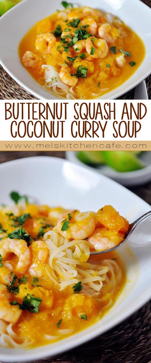 Butternut Squash and Coconut Curry Soup with Shrimp and Rice Noodles