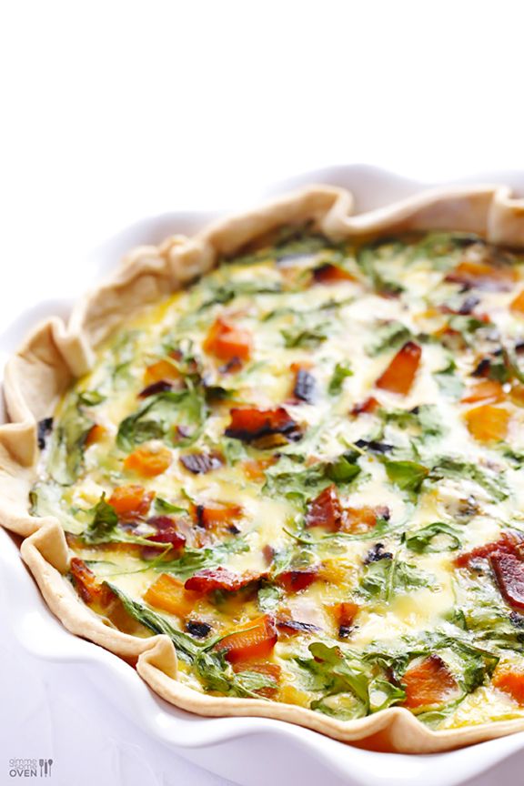 Butternut Squash, Arugula, and Bacon Quiche