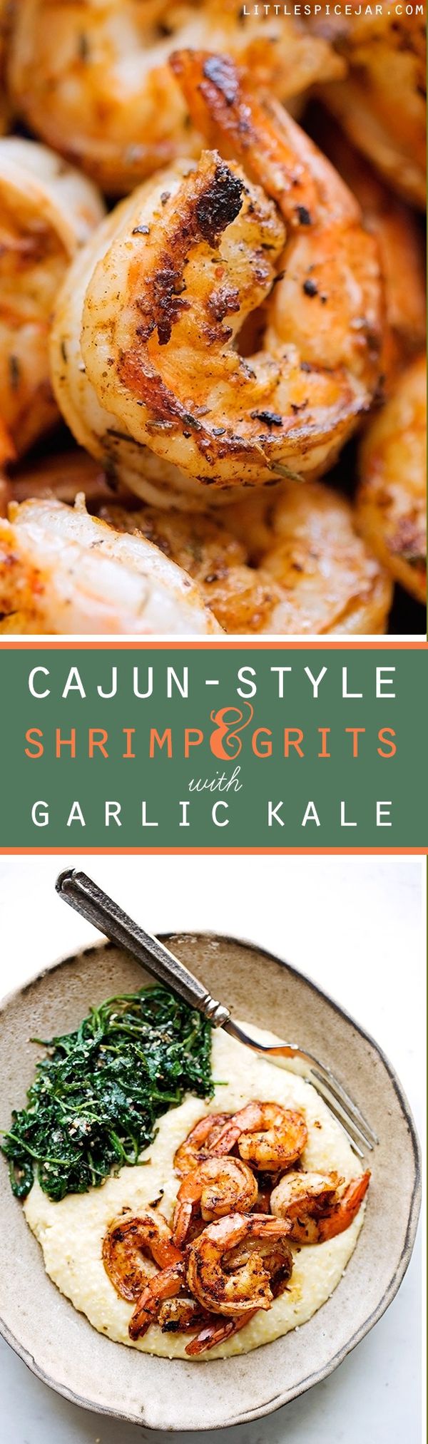 Cajun Shrimp and Grits with Garlic Kale