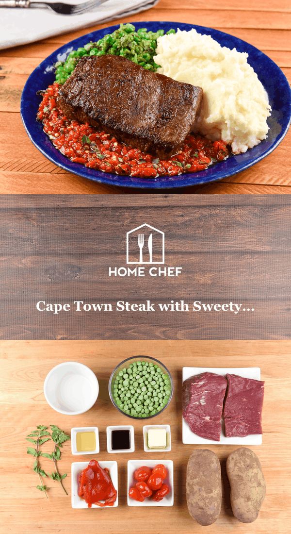 Cape Town Steak with Sweety Drop Relish with half-mashed peas and potatoes