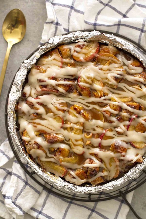 Caramel Apple Cinnamon Roll Breakfast Bread Pudding