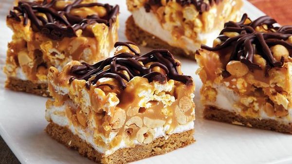 Caramel Peanut Popcorn Squares