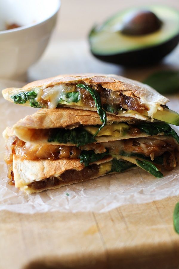 Caramelized Onion, Spinach, and Avocado Quesadillas