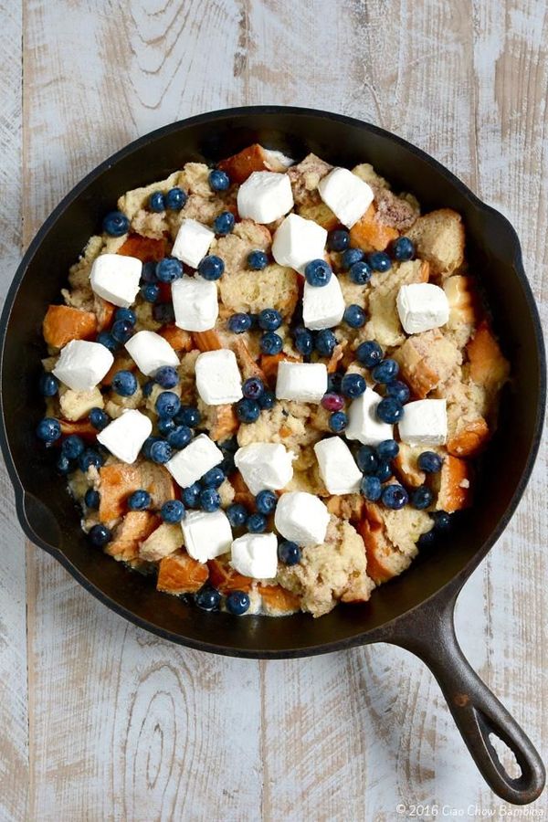 Cast Iron Blueberry Stuffed Bread Pudding