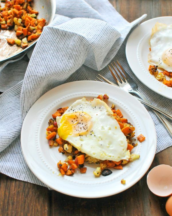 Cauliflower & Sweet Potato Hash with Fried Eggs