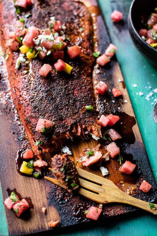 Cedar Plank Salmon with Watermelon Feta Salsa