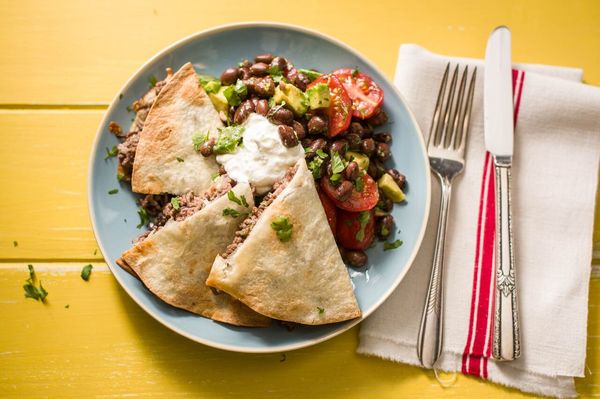 Cheesy Beef Quesadillas with Sour Cream and Avocado-Black Bean Salsa