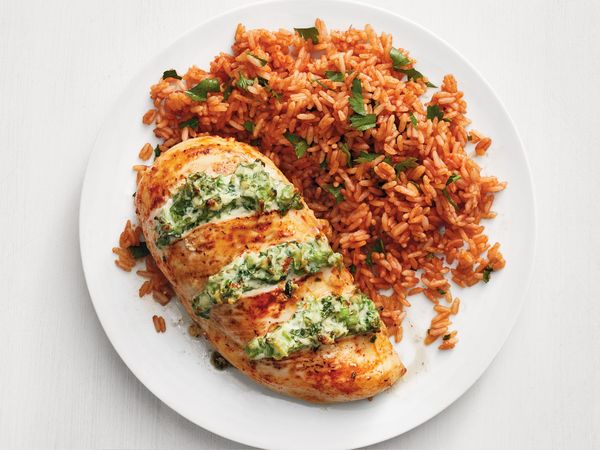 Cheesy Broccoli-Stuffed Chicken with Tomato Rice