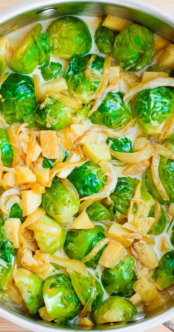 Cheesy Brussels Sprouts with Apples and Onions