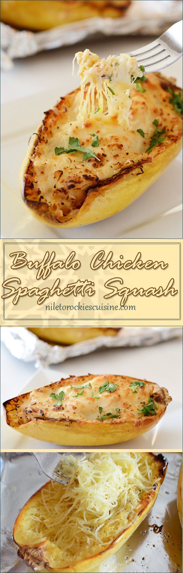 Cheesy buffalo chicken spaghetti squash