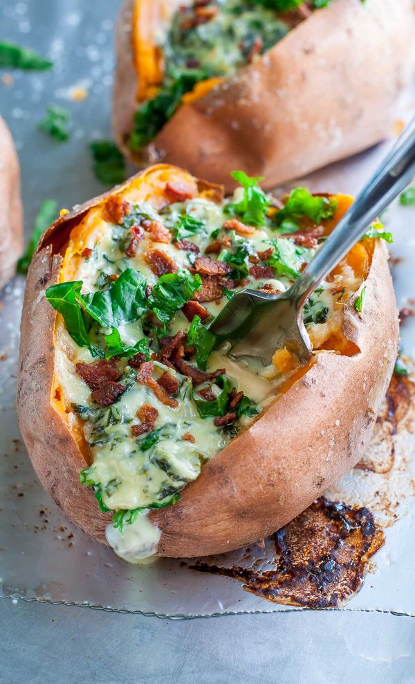 Cheesy Kale Stuffed Sweet Potatoes with Havarti and Garlic