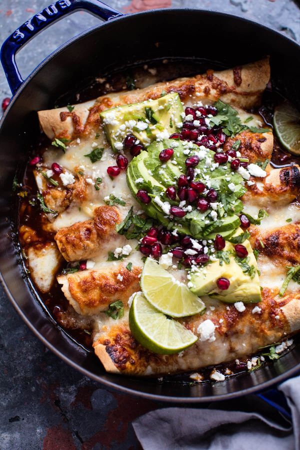 Cheesy Sweet and Sour Pomegranate Thai Chicken Enchiladas