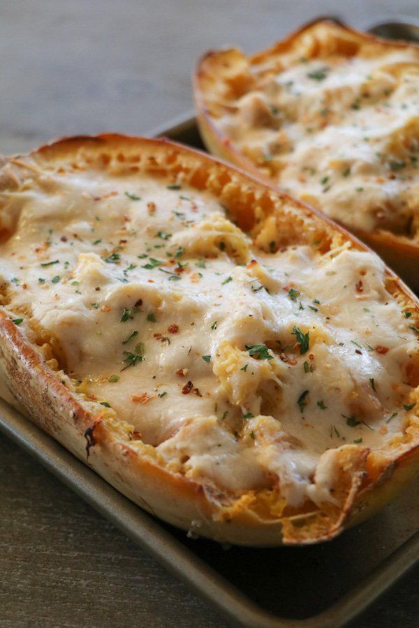 Chicken & Bacon Alfredo Stuffed Spaghetti Squash