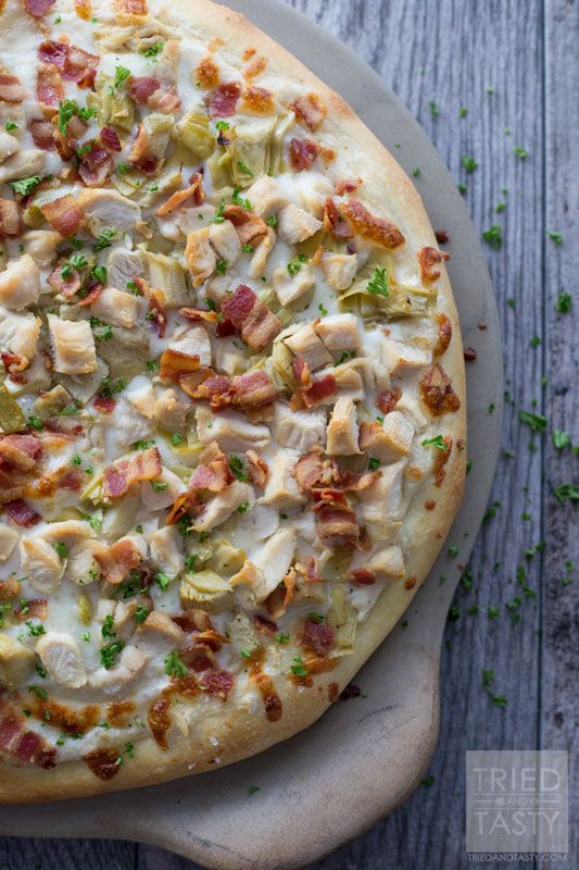 Chicken Bacon Artichoke Alfredo Pizza