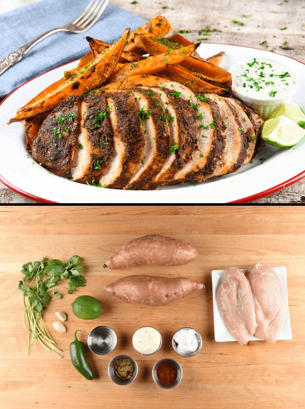 Chicken Breast a la Brasa with sweet potato fries and jalapeño-garlic dipping sauce