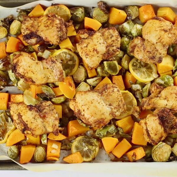 Chicken, Butternut Squash & Brussels Sprouts One Sheet Pan Meal