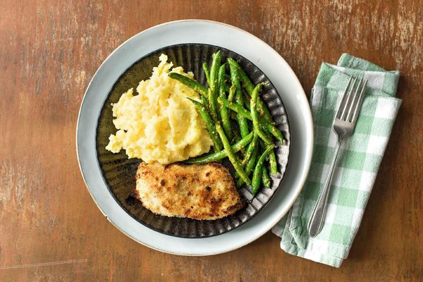 Chicken Milanese with Pesto Green Beans and Creamy Parmesan Potatoes