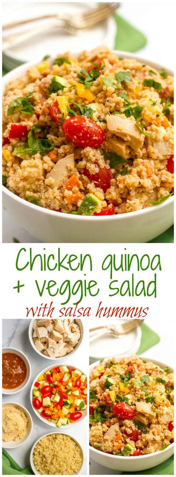 Chicken quinoa salad with salsa hummus