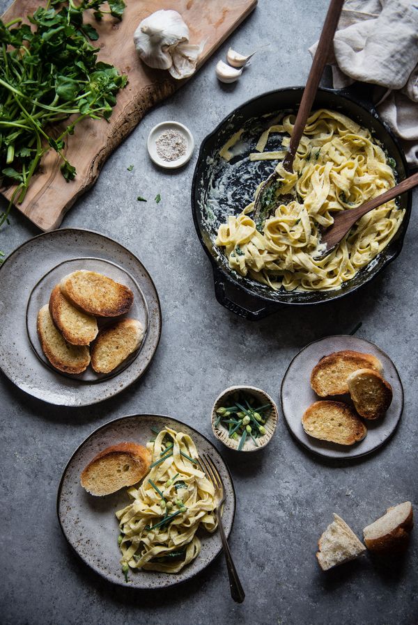 Chickpea alfredo with watercress and chives