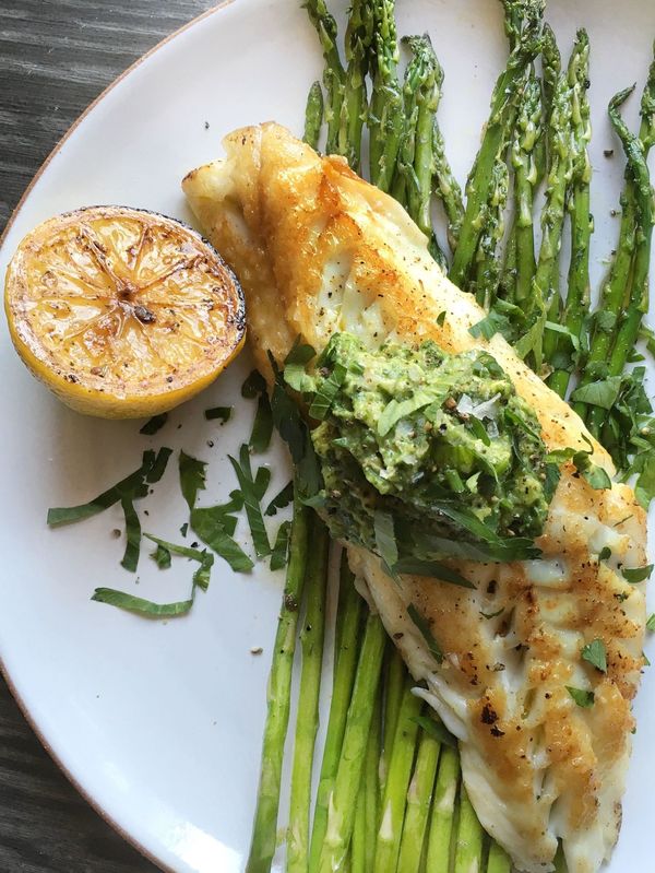 Chilean Sea Bass with Spinach-Avocado Pesto