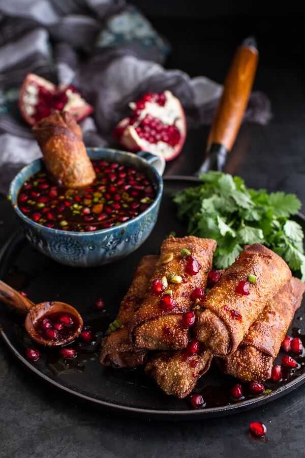 Chinese Chicken and Brussels Sprouts Egg Rolls with Sweet Chile Pomegranate Sauce