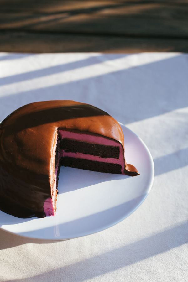 Chocolate Beet Layer Cake with Pink Frosting and Chocolate Ganache