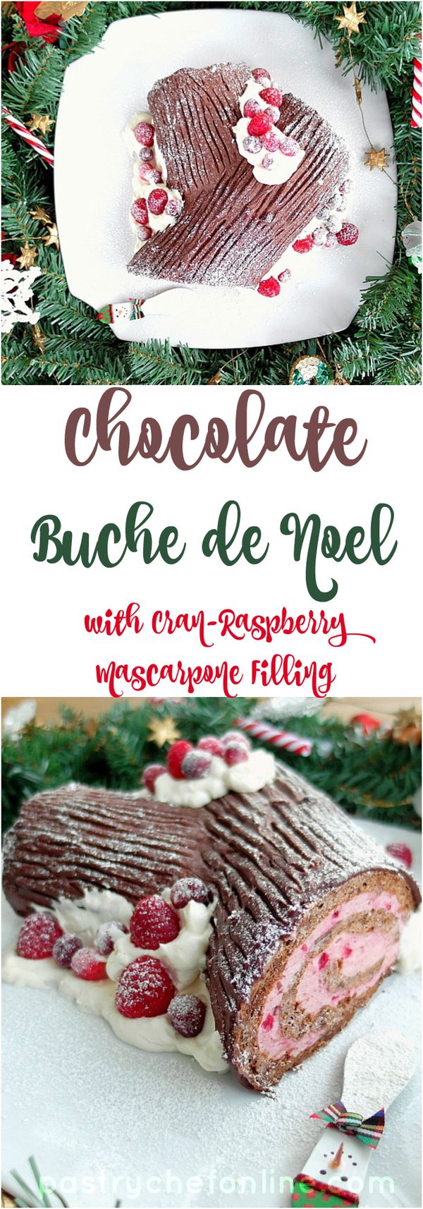 Chocolate Buche de Noel with Cran-Raspberry Mascarpone Filling