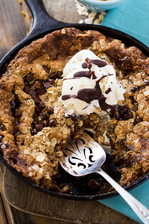 Chocolate Chip-Peanut Butter Oatmeal Skillet Cookie