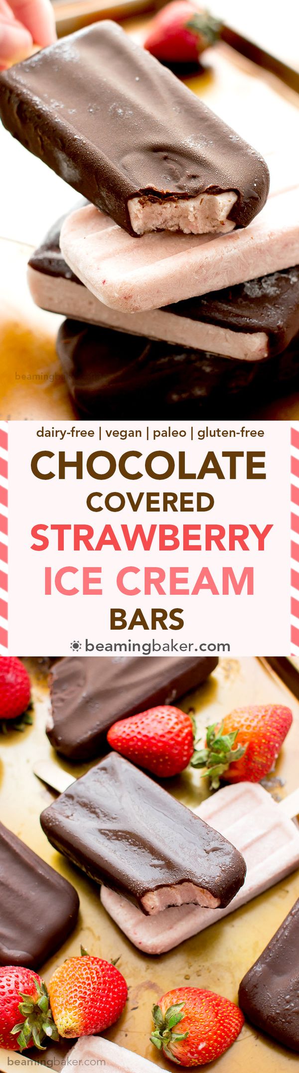 Chocolate-covered Strawberry Ice Cream Bars (Vegan, Dairy Free, Paleo, Gluten Free