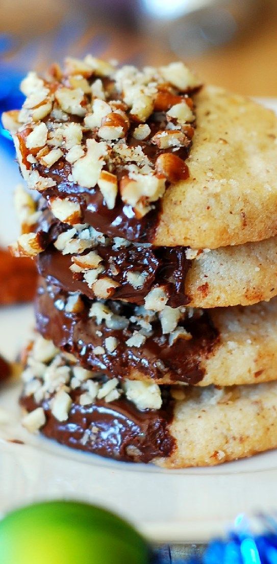 Chocolate dipped pecan shortbread cookies