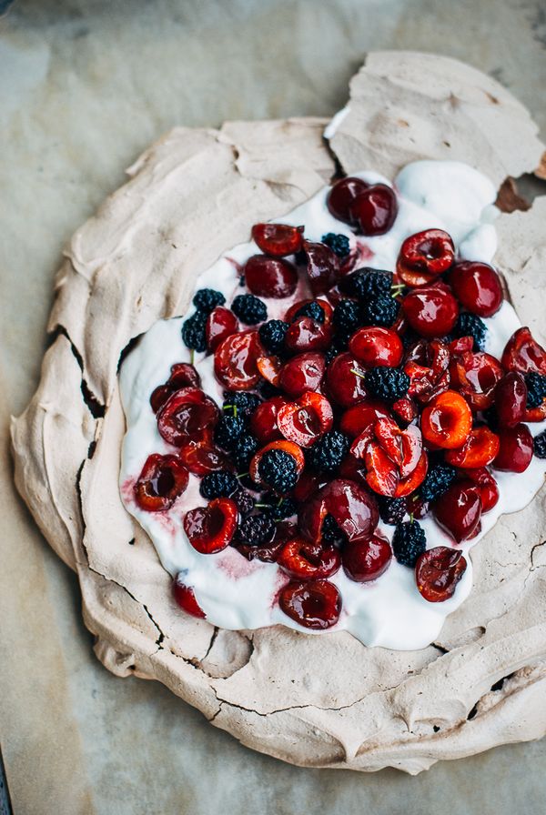 Chocolate Pavlova with Cherries and Mulberries