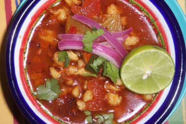 Chorizo Pozole Soup With Lime Pickled Red Onions