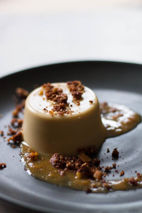 Coconut Caramel Panna Cotta with Chocolate Cookie Crumbs