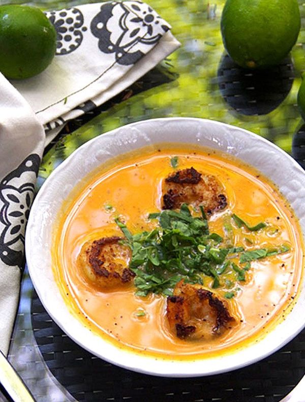 Coconut sweet potato soup with shrimp