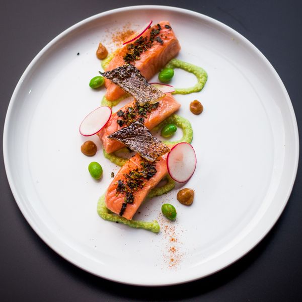 Confit Salmon, Miso Garlic Butter, Edamame Puree