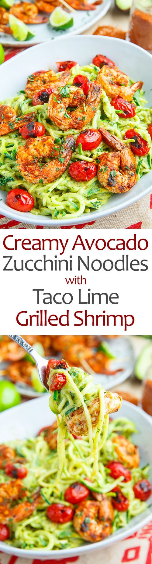 Creamy Avocado Zucchini Noodle Pasta with Taco Lime Grilled Shrimp