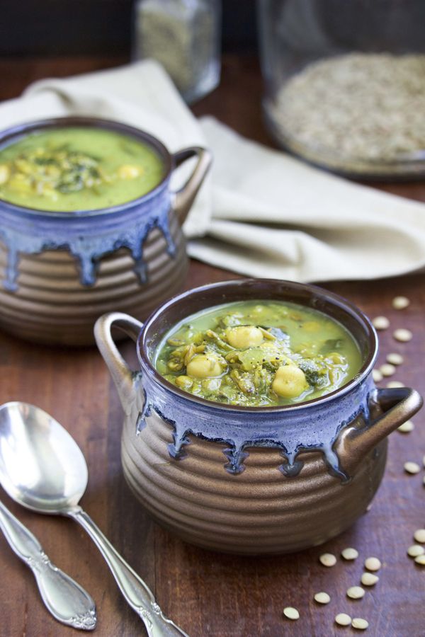 Creamy Coconut Lentil Chickpea Spinach Soup