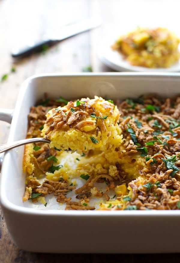 Creamy Corn Pudding with Crispy Onions and Herbs