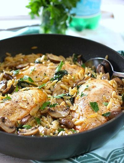 Creamy One Skillet Chicken with Mushrooms and Orzo