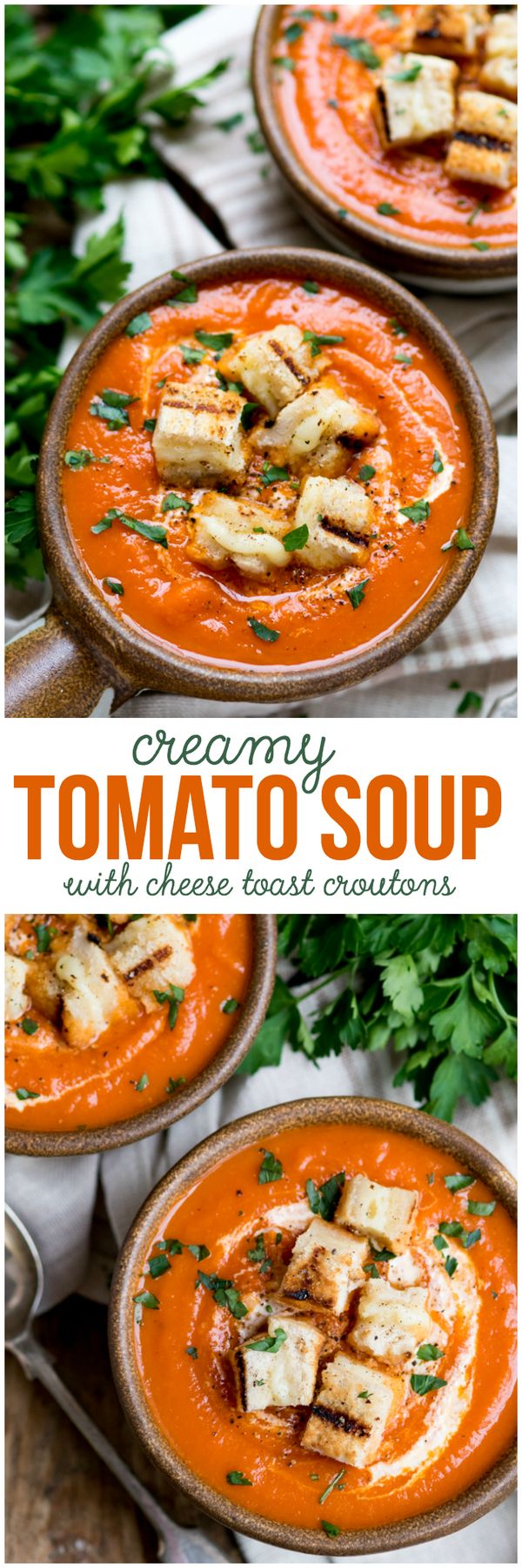 Creamy Tomato Soup with Cheese Toast Croutons