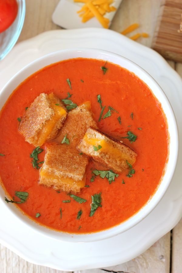 Creamy Tomato Soup with Grilled Cheese “Croutons”