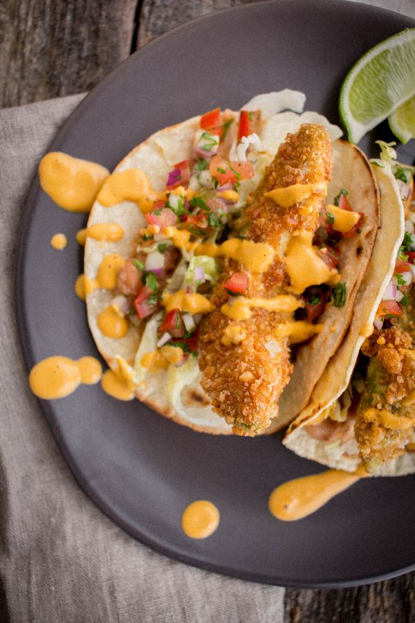 Crispy Avocado Tacos with Roasted Red Pepper Crema